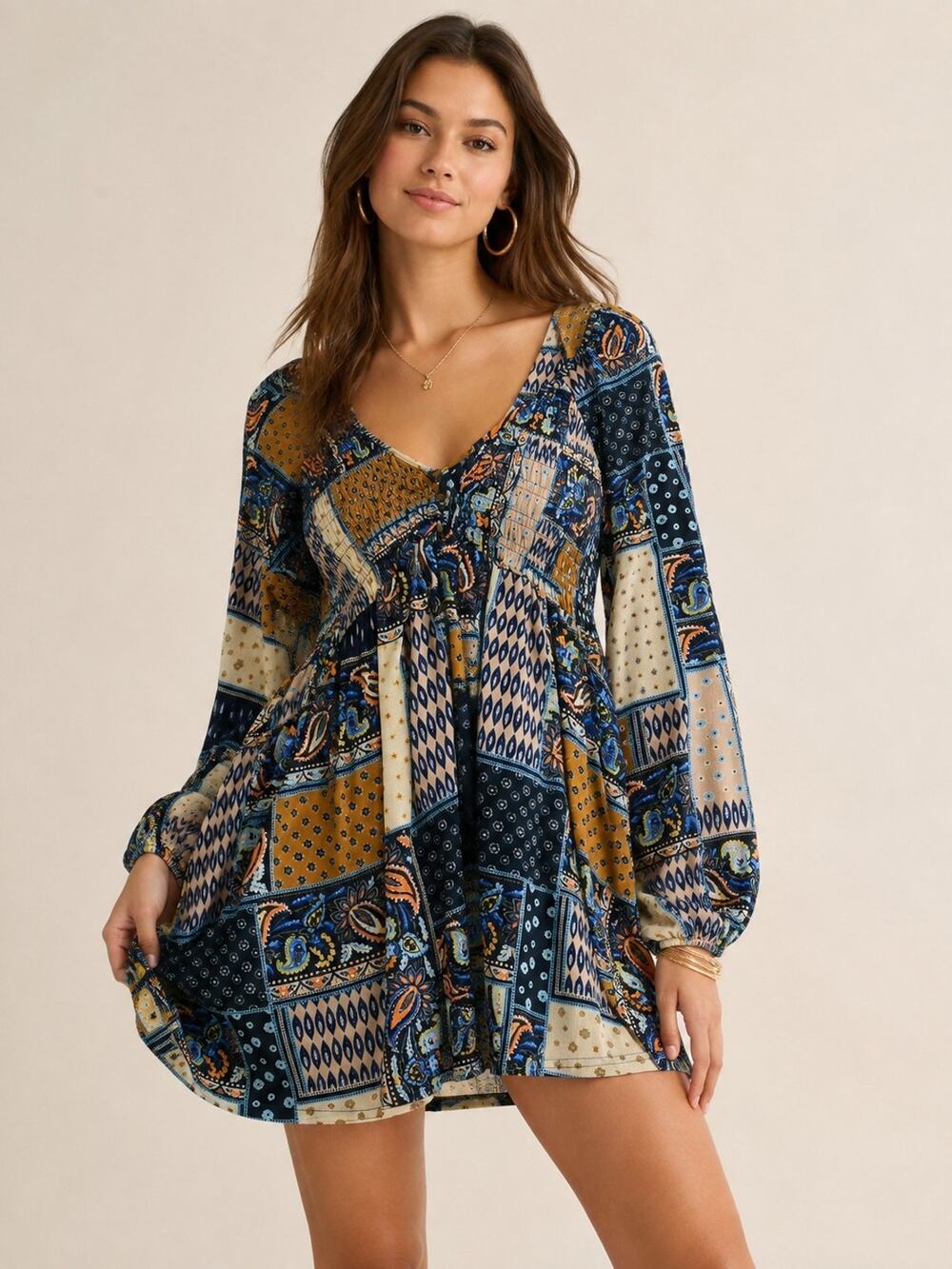 Anthropologie Melloday Smocked Mini Dress Sz M Boho Patchwork Paisley Tunic